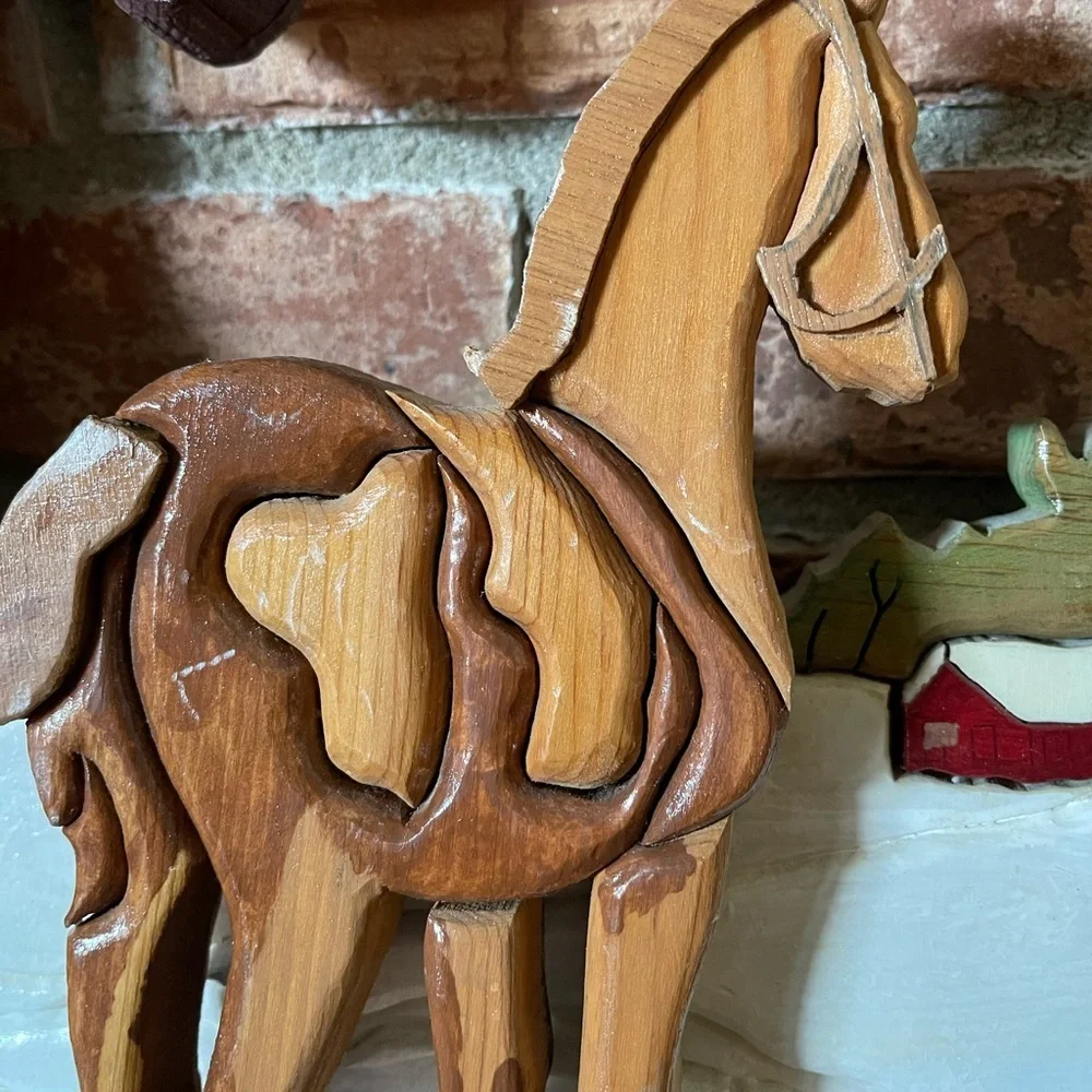 Vtg Hand Made Wooden 3D Art Puzzle Style Horses Barn Wall Hanging